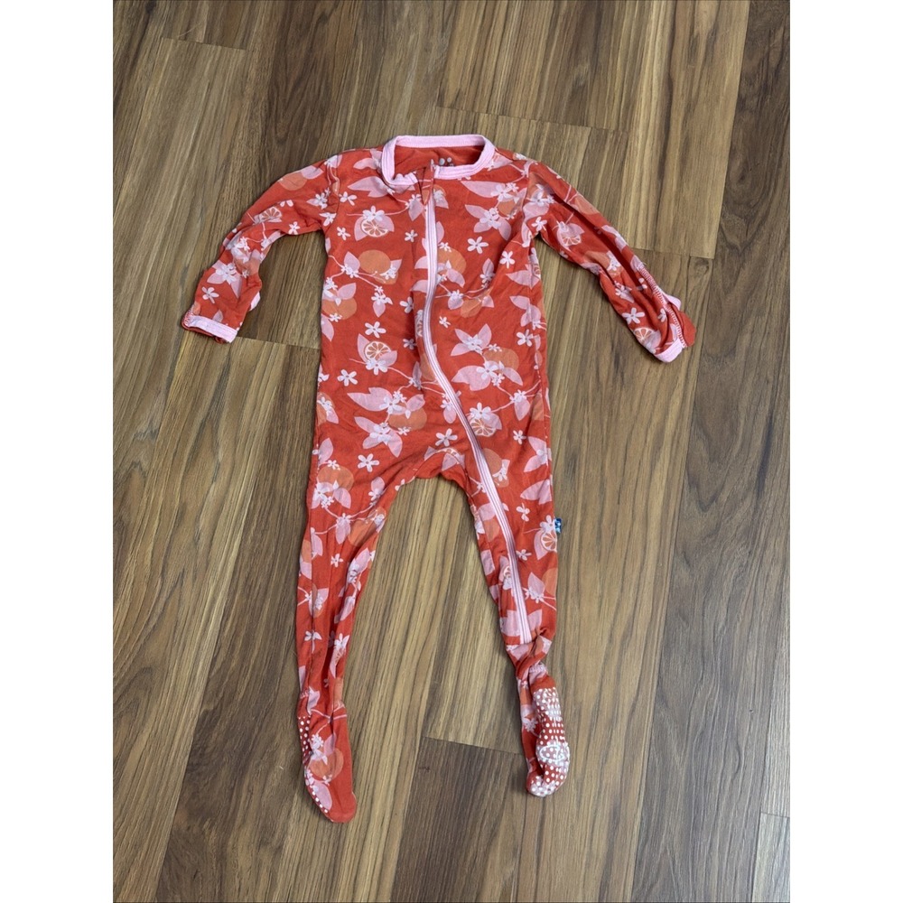 Kickee Pants Baby Girls 6-9 Months Bamboo Footie Sleeper Pajamas Orange Flowers